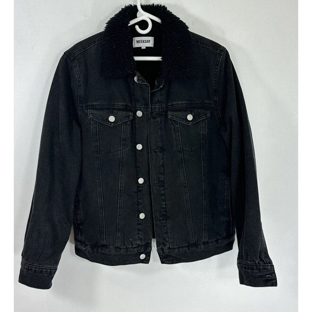 Men's Weekday  Black Sherpa Lined Trucker Jacket Size Small
